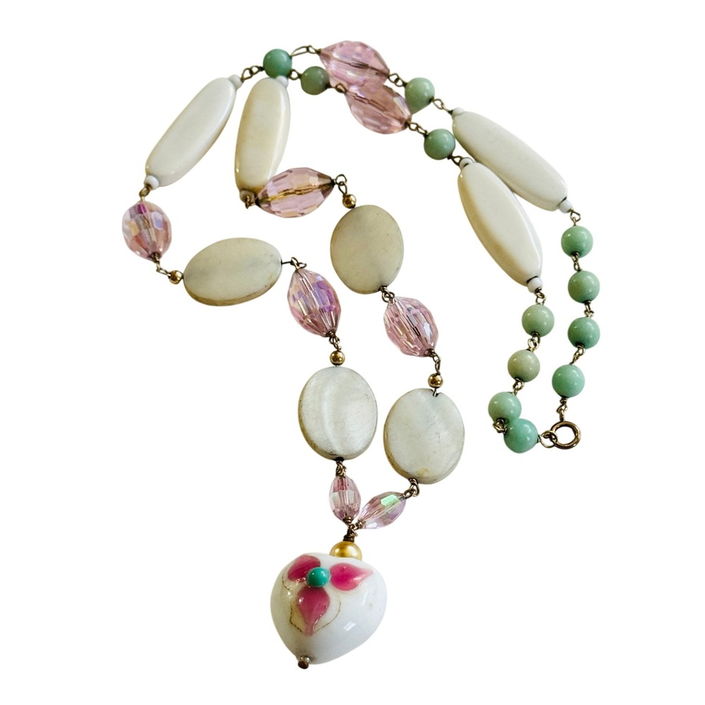 VTG Heart Necklace wedding cake murano glass mother of pearl Crystal Gold Filled